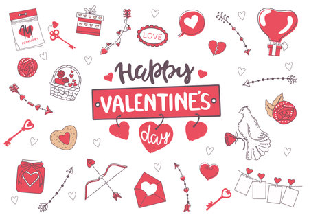 Set for Valentine's Day on a white background. Doodle style. Vector illustration.のイラスト素材