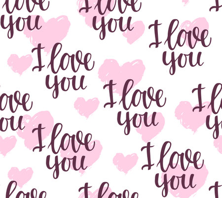 Seamless pattern with the phrase I love you and hearts on a white background. Vector background.のイラスト素材