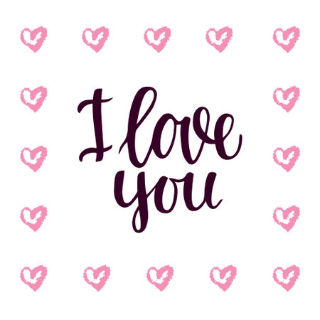Hand-drawn phrase I love you. Lettering. Greeting card, banner, sticker Valentine's Day, wedding, engagement. A declaration of love. Vector illustration.のイラスト素材