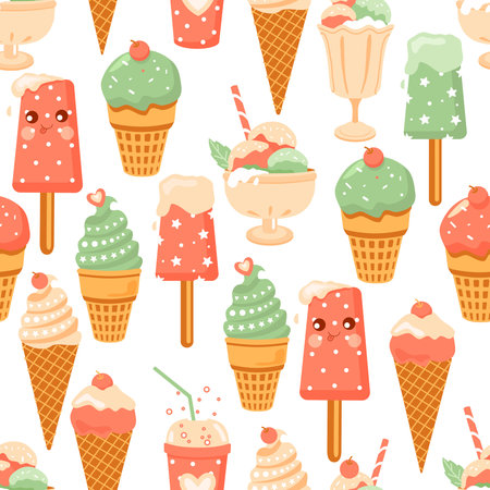 Ice cream seamless pattern on white background.Cartoon. Vector illustration.のイラスト素材