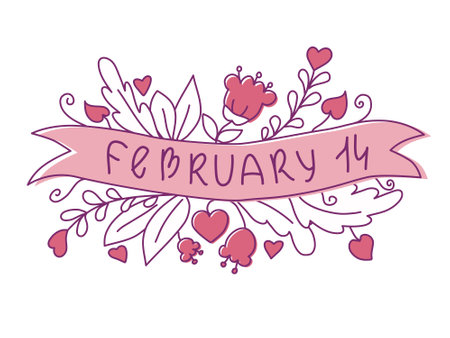 February 14 lettering. Valentine's Day. Invitation, valentine card, postcard, banner, background. Vector illustration.のイラスト素材