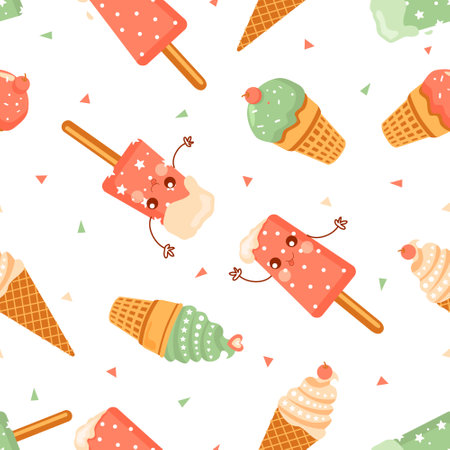 Ice cream seamless pattern on white background.Cartoon. Vector illustration.のイラスト素材