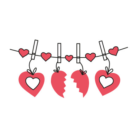 Hearts on clothespins, a broken heart. White background. Valentine's Day. Vector illustration.のイラスト素材