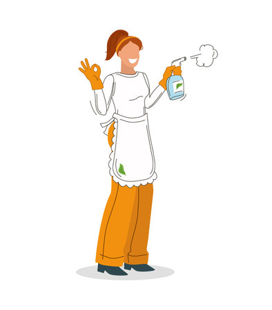 Girl worker with a gesture with his fingers OK, and a cleaning tool on white background. Advertising of a cleaning company. Vector illustration.のイラスト素材