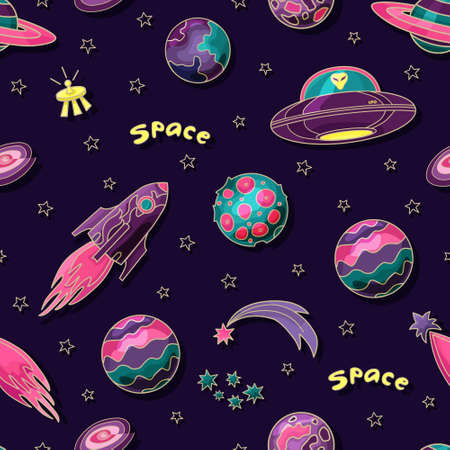 Space pattern with planets, a rocket, and UFO's. Starry sky. Vector background.のイラスト素材