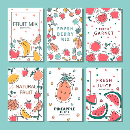A set of fruit posters. Eco food products. Apple, banana, blueberry, cherry, mango, melon, pineapple, kiwi. Vector illustration.のイラスト素材