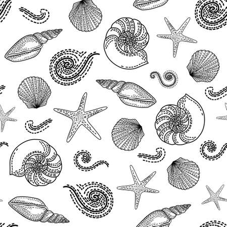 Marine seamless pattern. Contour. Coloring book. Vector sea background.のイラスト素材