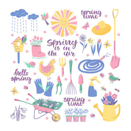Spring garden set with tools, flowers, sun, birds and text. Vector illustration.のイラスト素材