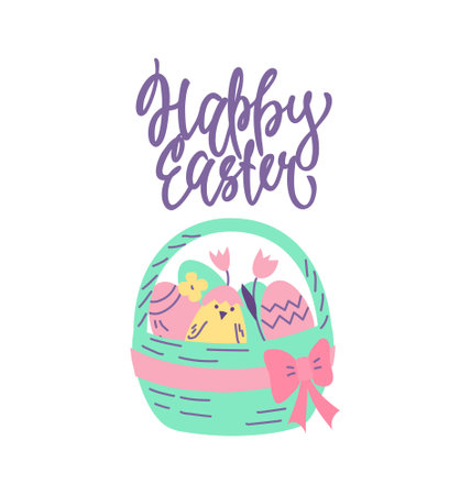 Happy Easter Greeting Card-poster with a basket of Easter eggs and a chicken. Vector hand illustration.のイラスト素材
