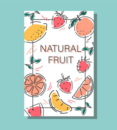 Poster with fruits and berries. Abstract hand drawn background. Vector.のイラスト素材