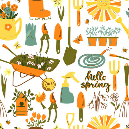 Spring seamless pattern with garden tools, flowers, birds, butterflies. Vector illustration.のイラスト素材