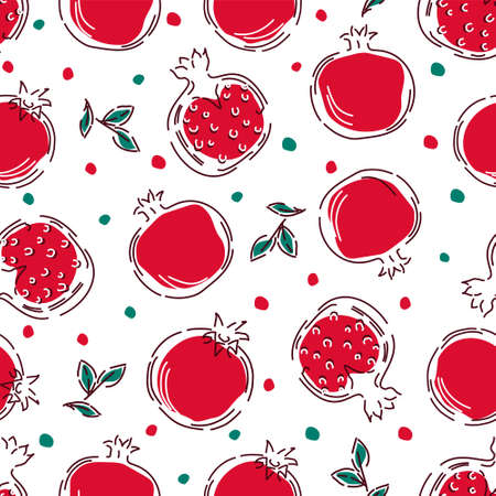 Seamless pattern with pomegranate fruits in a linear style. Hand-drawn vector background.のイラスト素材