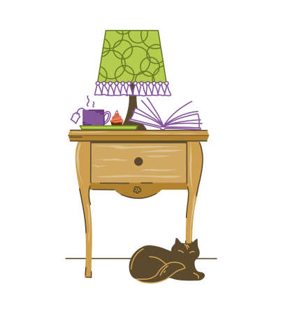 A bedside table with a lamp, a book and a cup of tea, and a cat. The interior of the bedroom. Vector.のイラスト素材