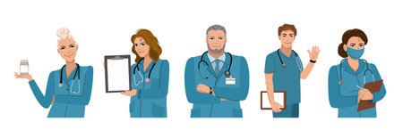 Positive doctors on a white background. A team of doctors. Health care. Vector illustration.のイラスト素材