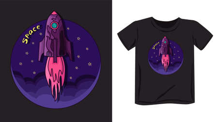 The rocket is flying into space. Colorful children's print on clothes, poster. Vector illustration.のイラスト素材