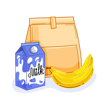 Breakfast bag with milk and banana on a white background. Vector illustration.のイラスト素材
