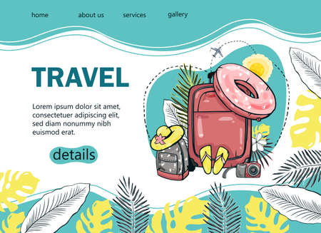 Design a tourist banner with a palm tree, sea, backpack, sun umbrella, airplane for a popular tourist blog, landing page or tourist website. Hand-drawn vector illustration.のイラスト素材