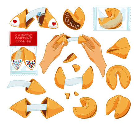 A set of Chinese cookies with predictions on a white background. Vector illustration.のイラスト素材