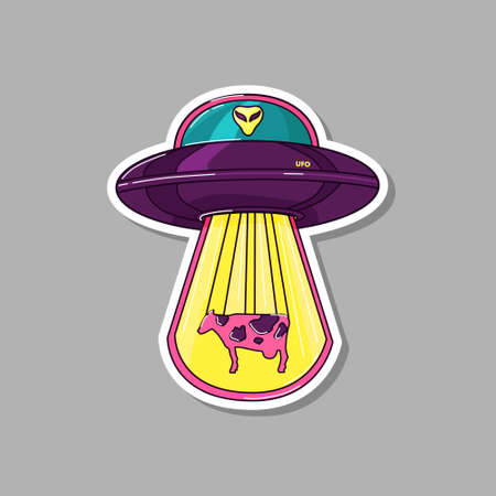 Sticker with an alien plate and an alien. Space. Vector illustration. Isolated background.のイラスト素材