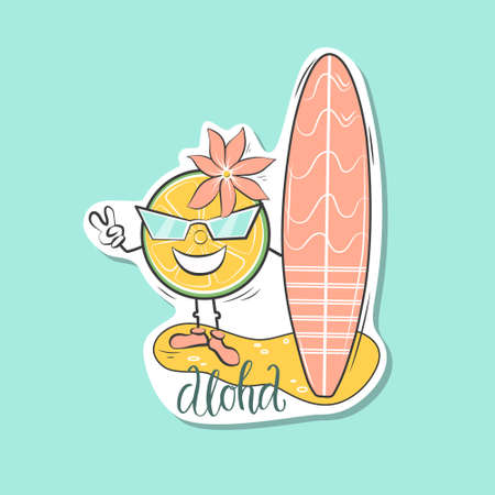 Summer sticker with a Lemon surfer and the inscription Aloha. Vector illustration.のイラスト素材