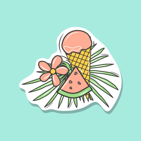 Summer sticker with ice cream and palm leaves. A design element. Vector illustration.のイラスト素材