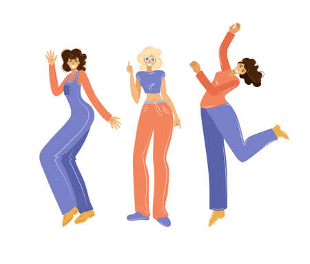 Funny women dancing and jumping on a white background. A party. Vector illustration.のイラスト素材