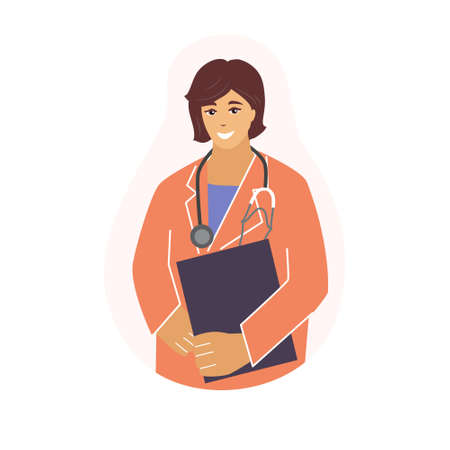 A female doctor with a stethoscope and a folder. Vector illustration in a flat style.のイラスト素材