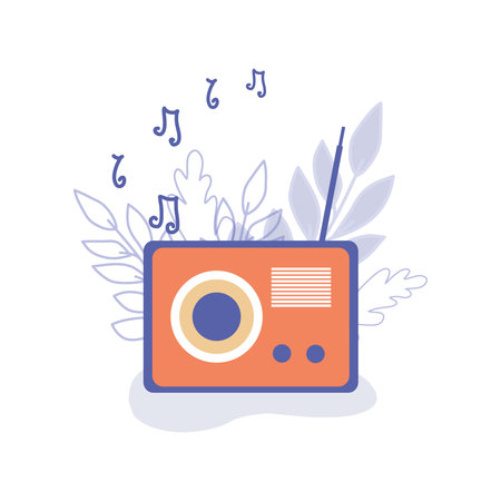 Vector retro radio with notes and leaves. Vector illustration. Flat style.のイラスト素材