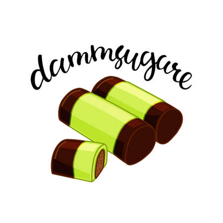 Set of color illustrations with green punschrulle, dammsugare. Isolated cartoon vector objects on a white background. Calligraphy.のイラスト素材