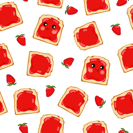 Sandwich with strawberry jam and strawberries seamless pattern on a white background. Cartoon vector backgroundのイラスト素材