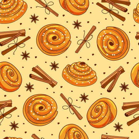 Cinnamon buns and cinnamon sticks seamless pattern. Cartoon vector illustrationのイラスト素材