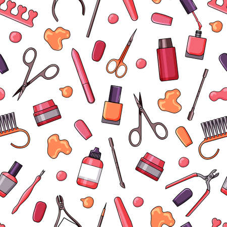 Manicure tools, nail polishes on white background vector seamless pattern. Fashionable backgroundのイラスト素材