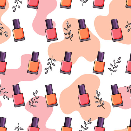 Nail polish, leaves, nail polish spots seamless pattern. Vector background.のイラスト素材