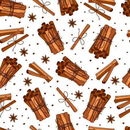 Cinnamon sticks seamless pattern on white background. Background for a cafe, kitchen, or grocery bag. Vector illustration.のイラスト素材