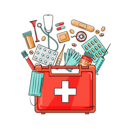 Medical first aid kit with different pills and thermometer, healthcare. Vector illustration in cartoon styleのイラスト素材
