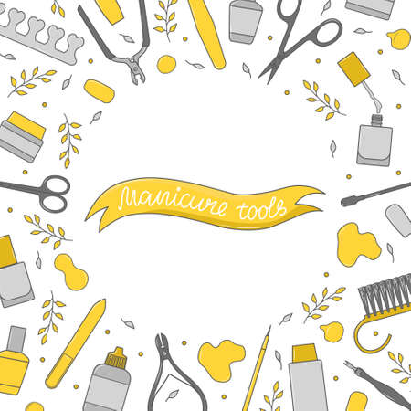 Square background with manicure equipment. Hand-drawn banner with various nail art tools - scissors, nail polish, brush, cuticle tongs, pusher, point pen. Colorful vector illustration.のイラスト素材