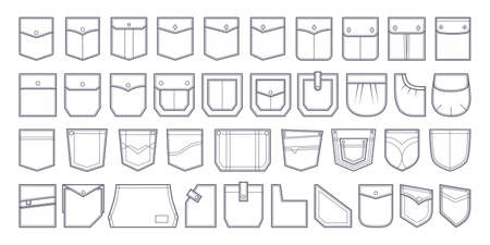 Pocket patch set. Pockets for fashion design shirt, dress, denim, round, oval, rectangular shapes. Vector graphics in sketch outline. Icon.のイラスト素材