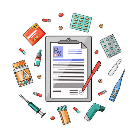 Doctor prescription and prescription pills. Thermometer medicine, tablets, medicines, capsules, clipboard with Rx. Vector illustration.のイラスト素材