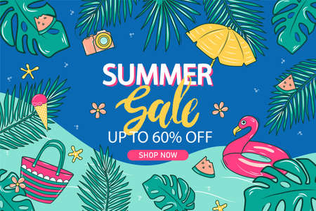 Summer Sale banner background template for websites, flyers, and advertising products. With green leaves, beach bag, watermelon, flamingo, swimming circle and a 60 discount sign. Vector background.のイラスト素材