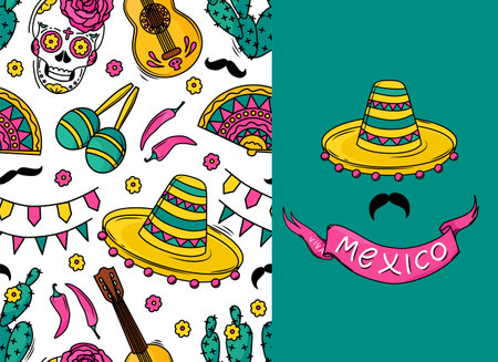 Mexican seamless vector pattern with sugar skulls, flowers, guitar, cacti, mustache on white background. A pattern for a holiday. Viva mexico postcard.のイラスト素材