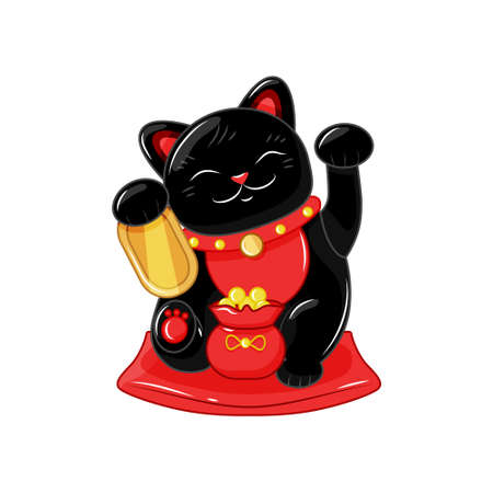 Japanese traditional cat Maneki neko. A figurine with a bag of gold coins, a symbol of good luck and wealth. Vector illustration.のイラスト素材