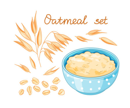 Oat meal set. Cartoon style for healthy food design. Bowl, oatmeal ear and flake. Vector illustration isolated on white background.のイラスト素材