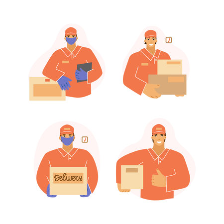 The man from the delivery set. Masked and gloved courier, coronavirus prevention. Delivery of goods...