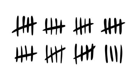 Tally mark. Lines or hand-drawn sticks are sorted by four and crossed out. Simple mathematical visualization of counting, prison or prison counter, counting labels. Vector illustration.のイラスト素材