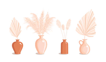 Vases with dry grass and palm leaves. Dried floral ornament elements in boho style. New trendy home decor. Vector flat illustration isolated on white background.のイラスト素材