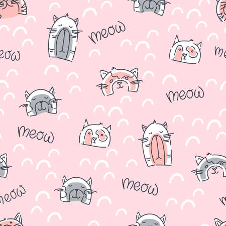 Funny cats seamless pattern on a pink background. Children print for fabric, packaging. Vector illustration.のイラスト素材