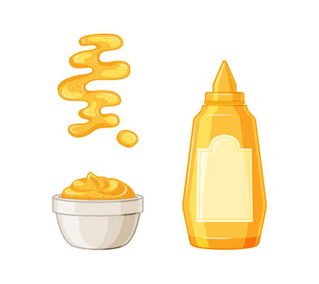 Mustard. Hot american mustard sauce bottle, bowl, spoon, splash. Set on a white background. Vector illustration.のイラスト素材
