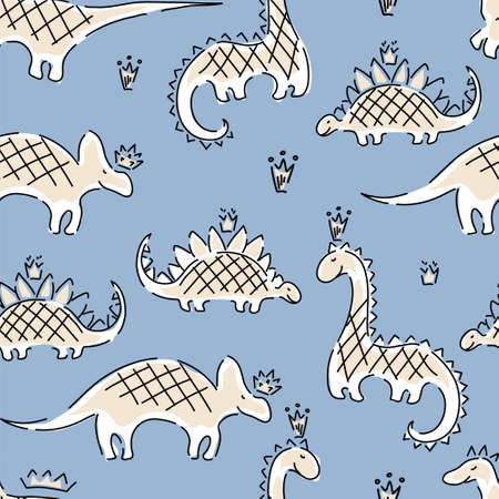 Dinosaurs and crowns childrens seamless pattern. Abstract hand made background.のイラスト素材