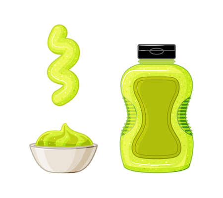 Wasabi in bottle and bowl the set is isolated on a white background. Sauce spilled strips and spots. Vector illustration in the cartoon style.のイラスト素材