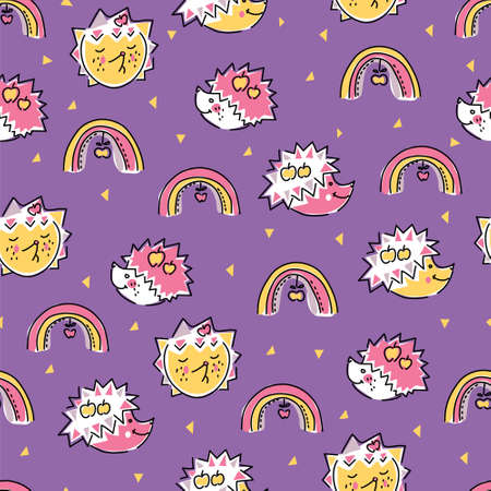 Hedgehogs and rainbows seamless pattern. Cute print for clothes. Vector children background.のイラスト素材